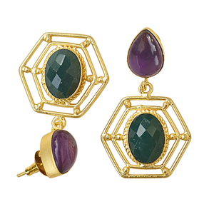 Pendientes hexagonales chapados en oro vintage con amatista y piedra verde para mujer, joyería de fiesta - Product Image 4