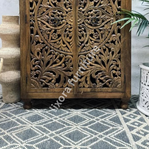 Luxury Handcrafted Solid Wood 2 Door <b>Wardrobe</b> Ornate Leaf Mandala Carving Natural Walnut Armoire - Product Image 3