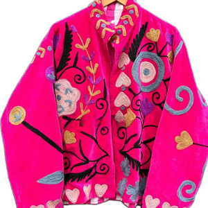 Blouson bomber vintage brodé Suzani, fait main, écologique, en lin et coton indien, respirant, en nylon tricoté - Product Image 4