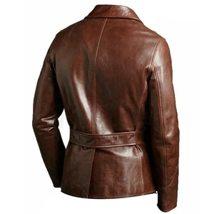 Veste en cuir véritable marron pour homme, col rabattu, fermeture à boutons, style décontracté, vêtement d'automne, longueur normale, couleur unie - Product Image 4