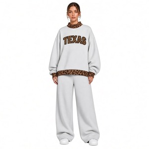 Loose Fit Mockneck Sweatshirt and <b>Pants</b> <b>Women</b> Gray Leopard Trim Letter Print Sweatshirt Wide Leg <b>Pants</b> 2 Piece Lounge Set - Product Image 1