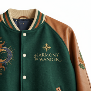 Chaqueta Varsity de Piel Sintética Verde para Hombre Harmony & Wander, Diseño Bordado de Luna y Montaña, Ropa Casual de Otoño - Product Image 5
