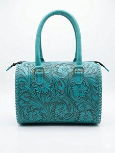 Hand-<b>Tooled</b> Turquoise Genuine <b>Leather</b> Luxury Animal Print Western Speedy Purse Handmade Vintage Zipper Handbag - Product Image 2