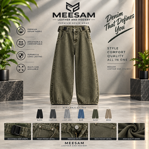 Jean en denim ample pour homme, coupe décontractée, respirant, taille ajustable, ourlet retroussé, pantalon uni décontracté - Product Image 1