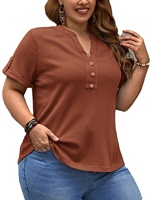 T-shirt élégant grande taille pour femme, style hip-hop, manches courtes, boutonné sur le devant, lavable en machine, écologique, 100 % coton, couleur unie, avec découpes