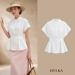 Blusa de Lino Blanca Casual para Mujer con Cuello Mandarín, Manga Corta con Botones, Estilo Peplum, Transpirable, Primavera-Verano, Estilo Minimalista VENUS - Product Image 1