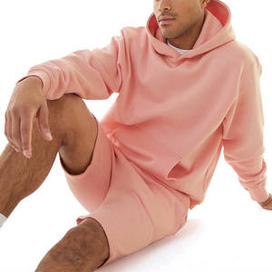 Ensemble short et sweat à capuche rose pour homme, couleur unie, en molleton tricoté doublé, pull décontracté pour le printemps - Product Image 3