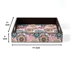 Superfine Quality Floral Design Square <b>Trays</b> with Handles for Serving <b>Snacks</b> for Home and Kitchen and Dinning Purpose Usage - Product Image 2