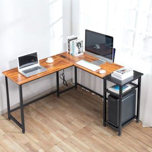 Bureau d'ordinateur en bois de tigre en forme de L, table de jeu convertible avec prises électriques, étagère et tiroir - Product Image 3