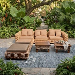 Outdoor Rattan Woven Sofa Set Mahogany Wood Frame Wicker Furniture Ksvw Cushion Lounge Sofa Coffee Table Setup Art Design - Product Image 5