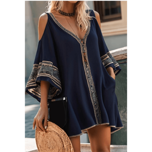 Minivestido bohemio con hombros descubiertos y cuello en V para mujer, con adornos étnicos y mangas acampanadas - Product Image 2