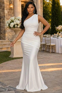 Nuevo y elegante vestido de noche largo de satén color borgoña, con un solo hombro descubierto, sin mangas, para fiestas formales, para mujer. - Product Image 4