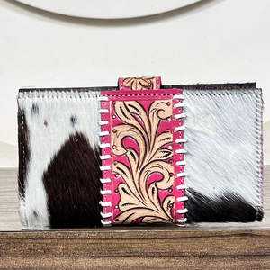Portefeuilles en cuir de vachette façonnés à la main 2026, motif floral western, porte-cartes en cuir de vache à poils, portefeuille pour femme fait main, pochettes western pour femme - Product Image 6