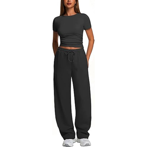 Women's Comfortable Solid Lace up Short Sleeve Cotton Drawstring Loose Fit T-Shirt and Sweatpants <b>Set</b> - Product Image 5
