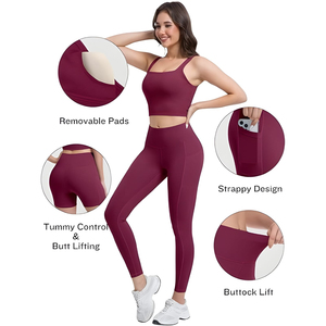 Burgundy High Waisted Yoga <b>Leggings</b> Set Seamless Full Length 2PCS Solid Color Spandex Polyester Women Workout Pants - Product Image 3