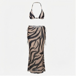 Ensemble bikini 2 pièces imprimé zèbre pour femmes, haut à bretelles avec jupe à lacets, tissu extensible, maillot de bain à motif animal - Product Image 1
