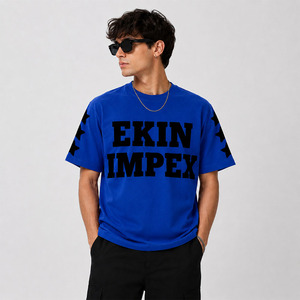 T-shirt bleu à manches courtes pour homme avec imprimé étoile noire sur les manches, vêtement décontracté d'été, 100% coton, col en V tricoté - Product Image 3