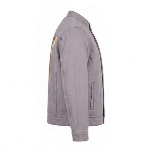Veste pour homme en denim délavé violet avec patchwork en cuir de vache véritable, col montant, fermeture à boutons-pression, personnalisable - Product Image 3