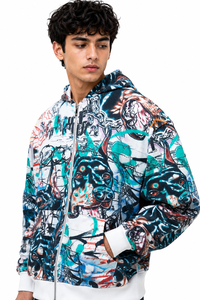 เสื้อฮู้ดดี้ผู้ชายพิมพ์ลายกราฟิกทั่วตัว ผ้าเฟรนช์เทอร์รี่ ซิปเต็มตัว ทรงหลวม สไตล์สตรีทแวร์ หลายสี รับผลิตแบบ OEM ODM แบรนด์ส่วนตัว - Product Image 2