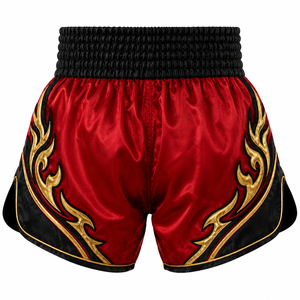 Pantalones Cortos Rojos de MMA con Diseño de Llama Dorada, Logotipo Negro Estampado en la Parte Delantera, Unisex, Corte Regular, Poliéster Elástico, Duraderos, de Secado Rápido, para Adultos, Combate - Product Image 3