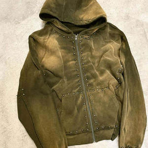 Veste zippée en molleton français pour homme, personnalisée OEM, hiver, écologique, effet délavé soleil, streetwear fonctionnel, délavé à l'acide, avec rivets et strass, grammage lourd - Product Image 6