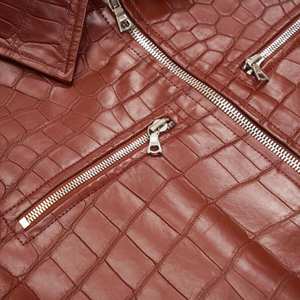 Blouson moto homme en cuir véritable marron gaufré, respirant et écologique, style motard, fermeture éclair, col rabattable - Product Image 4