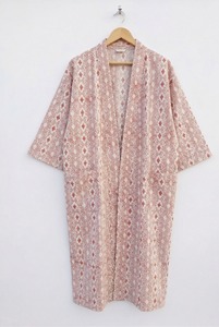 Hand Block Print Cotton Kimono Robe Women Soft Stand Collar Luxury Nightgown All Season Lounge Wear - Product Image 2