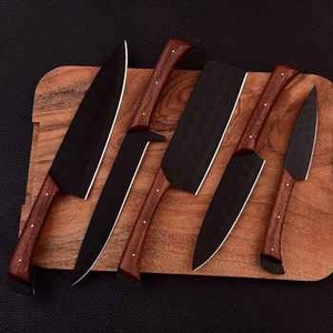 Ensemble de couteaux de chef en acier damas forgé noir, écologiques, ambidextres, avec manche en bois de rose brun - Product Image 3