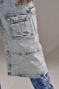 Pantalones Cortos Cargo de Mezclilla Lavada para Hombre, Cintura Alta, Cierre de Botones, con Bolsillos, Estilo Casual, Color Sólido, Tejido de Tela - Product Image 4