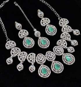 Juego de joyería nupcial de lujo con circonita cúbica azul, collar y aretes plateados, Maang Tikka, para boda, conjunto de lujo para mujer - Product Image 5