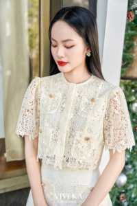 Ensemble deux pièces pour femmes, haut court à manches bouffantes en dentelle et mini-jupe MILA Vietnam VIVI KA, décontracté, 100% polyester, coupe classique - Product Image 3