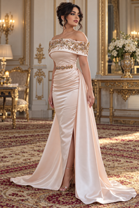 Mishkat Couture Moroccan Caftan <b>Champagne</b> Gold Silk Hand-Embroidered <b>Long</b> Bell Elegant Evening Gown Beaded Neckline Embellished - Product Image 4