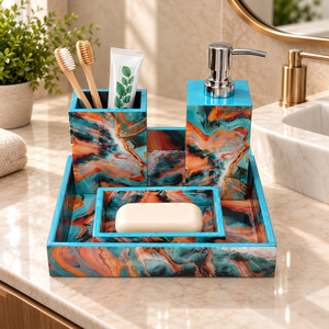 Juego de Accesorios de Baño de Madera Hechos a Mano con Patrón Geométrico Negro Marfil Impreso, Venta al por Mayor OEM ODM - Product Image 3