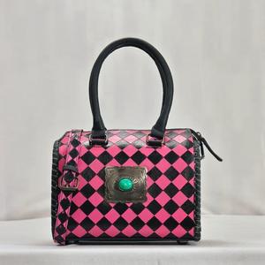 Bolso de Mano de Cuero Genuino a Cuadros Rosa y Negro de Lujo, con Asa Superior, Cierre de Cremallera y Diseño Duradero - Product Image 2