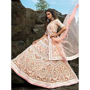 Glamour Peach Sequins Net Engagement Wear Lehenga Choli avec Dupatta pour les robes de bal - Product Image 4