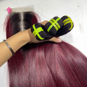 Perruque en mèches de cheveux naturels couleur vin foncé, qualité Super Double Drawn, cheveux vietnamiens de haute qualité, très vendue, avec closure. - Product Image 5