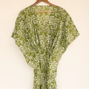 Robe kaftan en coton vert olive imprimée à la main avec cordon de serrage à la taille, idéale pour l'été - Product Image 1