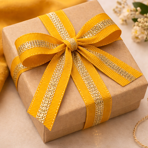 ริบบิ้นโกรเกรนสีเหลืองมัสตาร์ดขนาด 25 มม. ลายทางด้านเดียว พร้อมแถบลูเร็กซ์สีทองเมทัลลิก โพลีเอสเตอร์ 100% สำหรับตกแต่งงานเทศกาล - Product Image 4