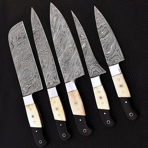 Professional 5 Piece Damascus Steel Kitchen <b>Knife</b> Set Chef Cooking <b>Knives</b> with <b>Bone</b> Wood <b>Handle</b> Custom Logo Manufacturer - Product Image 3
