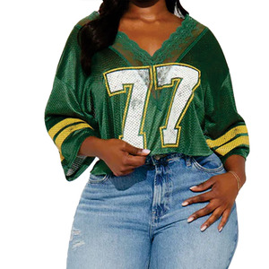 Women's Cropped <b>Green</b> <b>Mesh</b> Football Jersey Streetwear V Neck Breathable Polyester Number Print Fashion Crop <b>Top</b> Manufacturer USA - Product Image 3
