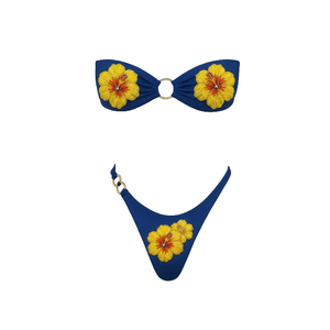 Ensemble bikini deux pièces en tricot marron avec broderie florale jaune, haut et bas string, maillot de bain d'été pour femme - Vente en gros - Product Image 2