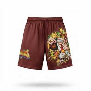 กางเกงขาสั้นผู้ชายสีแดงเลือดหมู พิมพ์ลายแบบซับลิเมชั่น ดีไซน์ลายตัวการ์ตูน เอวแบบเชือกผูก สไตล์ลำลอง ผ้าโพลีเอสเตอร์ 100% ระบายอากาศได้ดี - Product Image 1