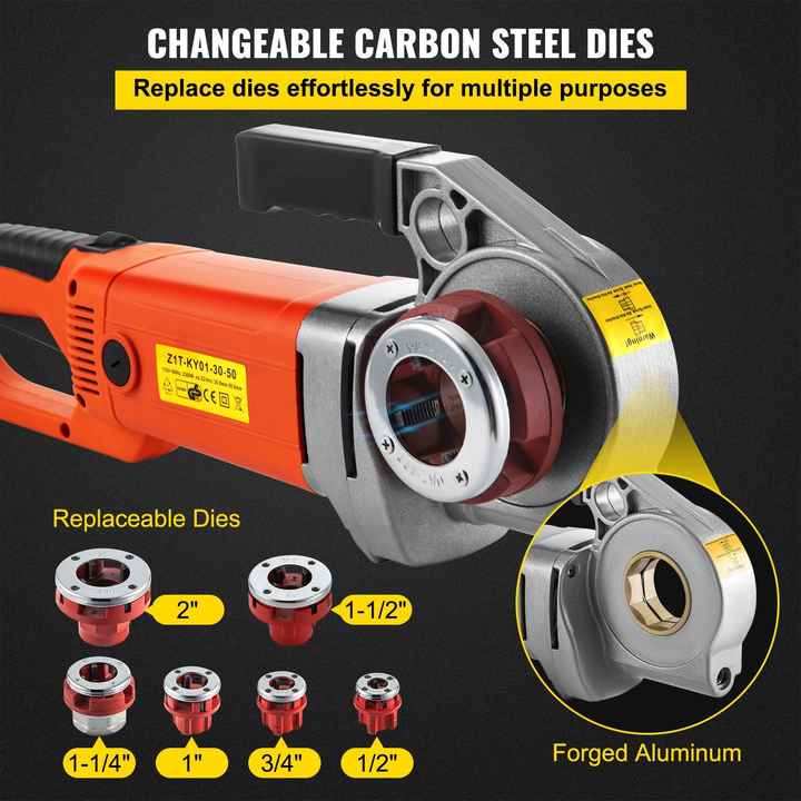 Portable 2300W Electric Pipe Threader Machine Hand-held 6 Dies 1/2"-2" Copper Motor 1/2"-2" Pipe Threading Kit Carrying Case