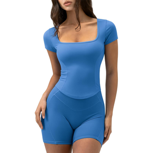 Top Corto sin Costuras para Mujer, Cuello Cuadrado Azul, Manga Corta, Color Sólido, Ropa Deportiva para Yoga, Estilo Ajustado - Product Image 1