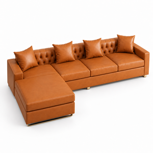 Canapé d'angle contemporain en cuir PU beige avec dossier capitonné et chaise longue pour salon de villa, hôtel ou salle de séjour - Product Image 1