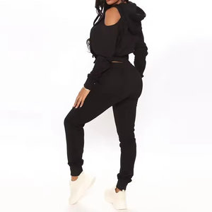 Conjunto Deportivo Holgado de Lino con Capucha Negra para Mujer, Top Corto y Pantalones Largos con Bolsillos Laterales, Ropa Casual de Verano - Product Image 2