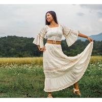 Ensemble haut court et jupe longue bohème pour femme, tenue décontractée d'été, robe maxi écologique lavable