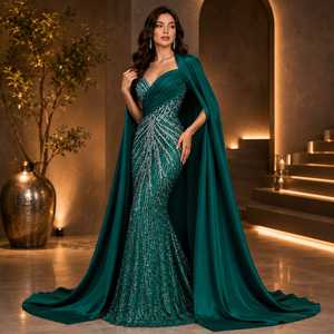 Vestido de Noche Verde Esmeralda con Lentejuelas, Estilo Sirena, para Mujer, con Capa Desmontable, Diseño Premium, Vestido Largo Formal, para Cóctel, sin Tirantes - Product Image 5