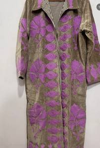 Wholesale Custom Handmade Taupe Grey <b>Velvet</b> Suzani Long Coat Featuring <b>Purple</b> Pomegranate Motif Applique Embroidery Vintage Boho - Product Image 4