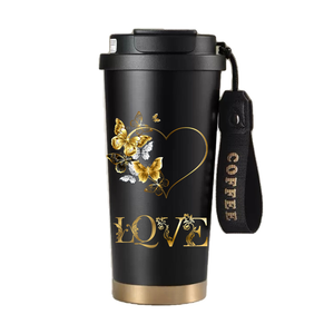 316 Black Stainless Steel Vacuum <b>Insulated</b> Coffee <b>Mug</b> with Lid with Dual drinking and various gold pattern - Product Image 1